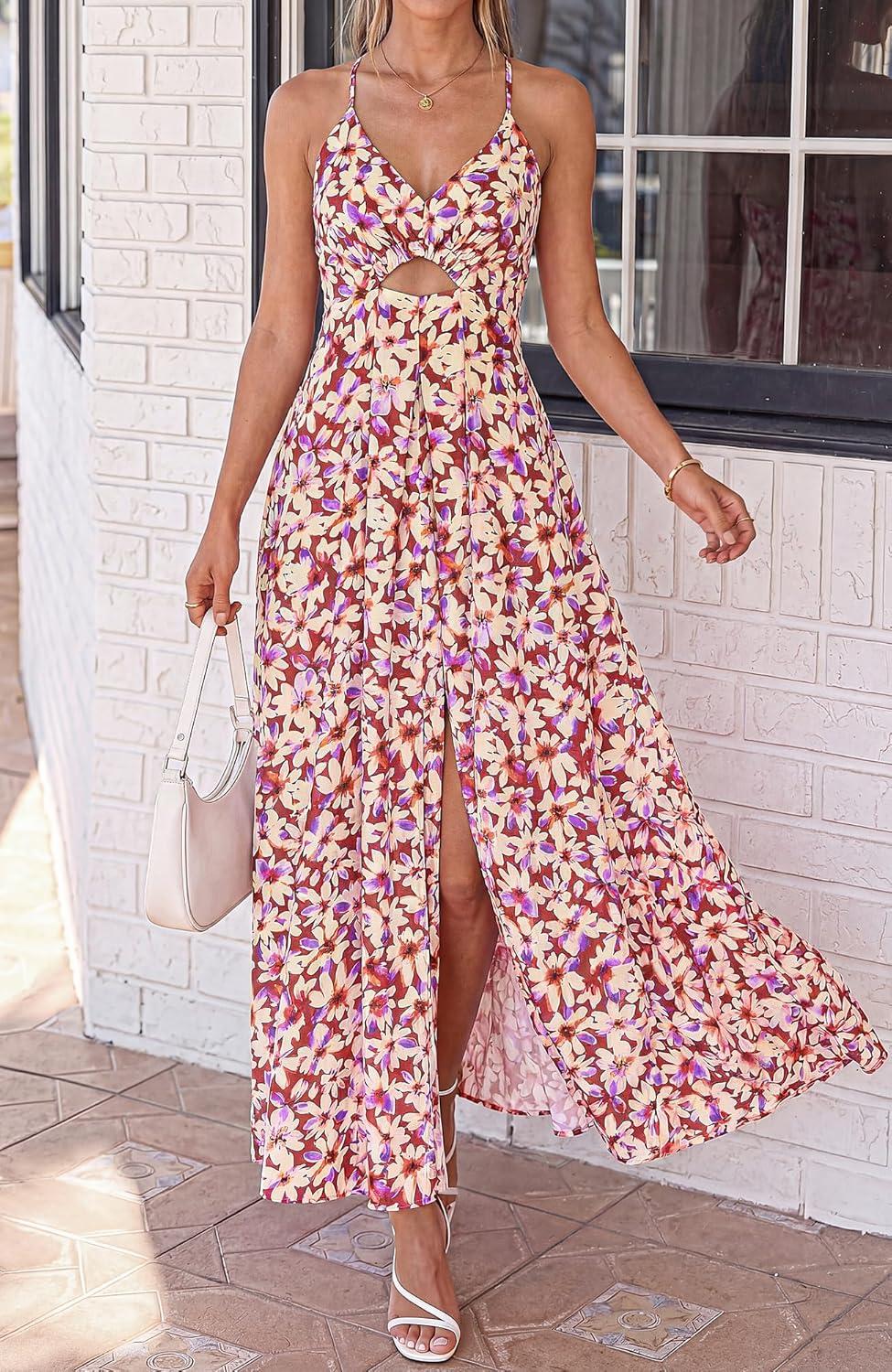 imageBTFBM Summer Dresses for Women 2026 Spring Floral Spaghetti Strap Smocked Cutout Maxi Dress Resort Beach Vacation OutfitFloral Light Brown