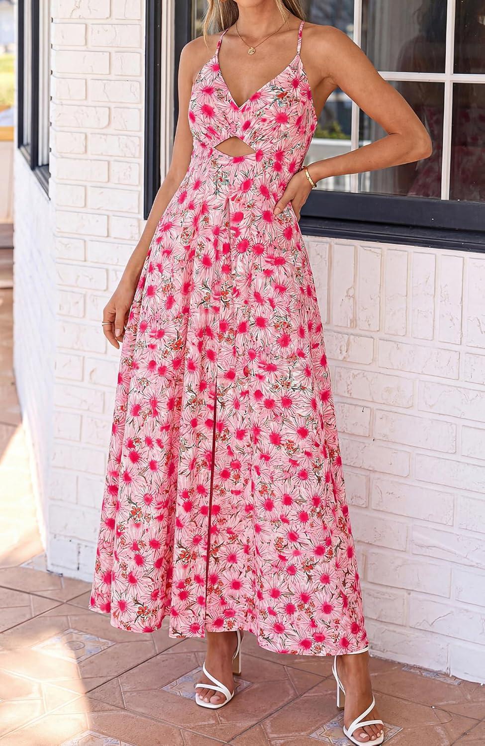 imageBTFBM Summer Dresses for Women 2026 Spring Floral Spaghetti Strap Smocked Cutout Maxi Dress Resort Beach Vacation OutfitFloral Red
