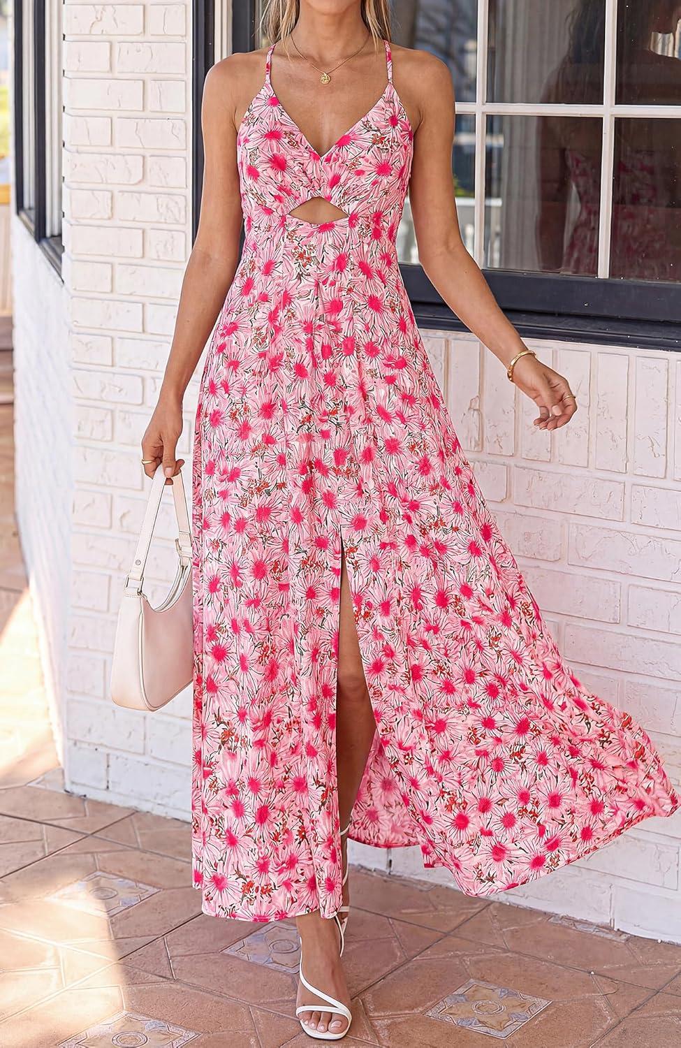 imageBTFBM Summer Dresses for Women 2026 Spring Floral Spaghetti Strap Smocked Cutout Maxi Dress Resort Beach Vacation OutfitFloral Red