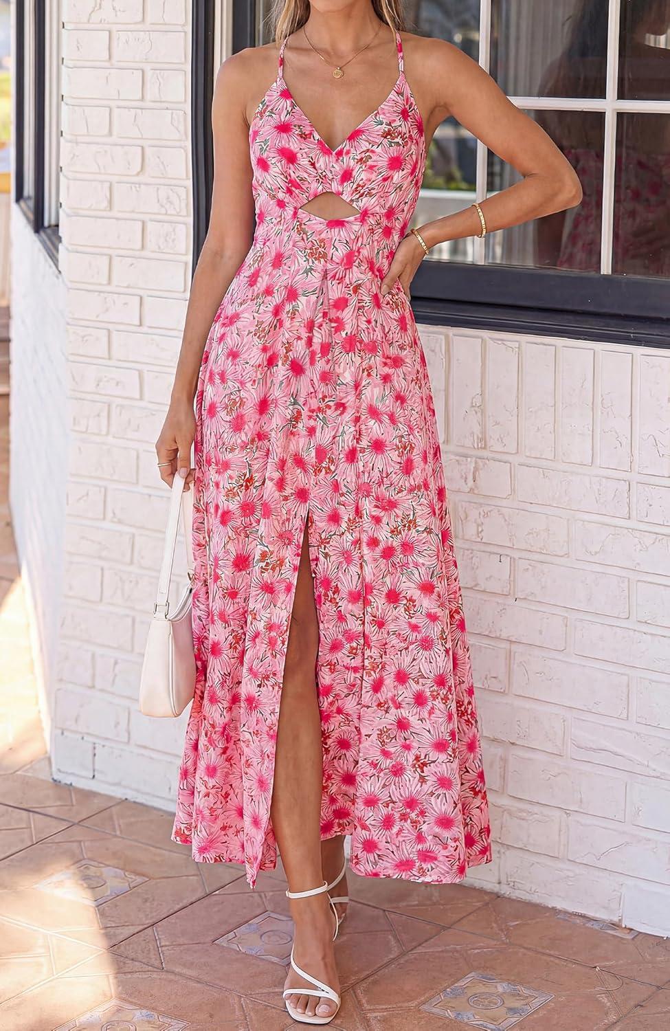 imageBTFBM Summer Dresses for Women 2026 Spring Floral Spaghetti Strap Smocked Cutout Maxi Dress Resort Beach Vacation OutfitFloral Red
