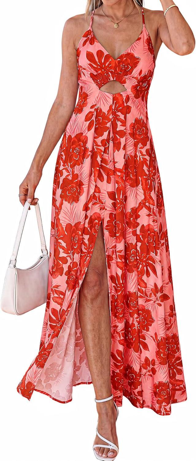 imageBTFBM Summer Dresses for Women 2026 Spring Floral Spaghetti Strap Smocked Cutout Maxi Dress Resort Beach Vacation OutfitFloral Watermelon Red