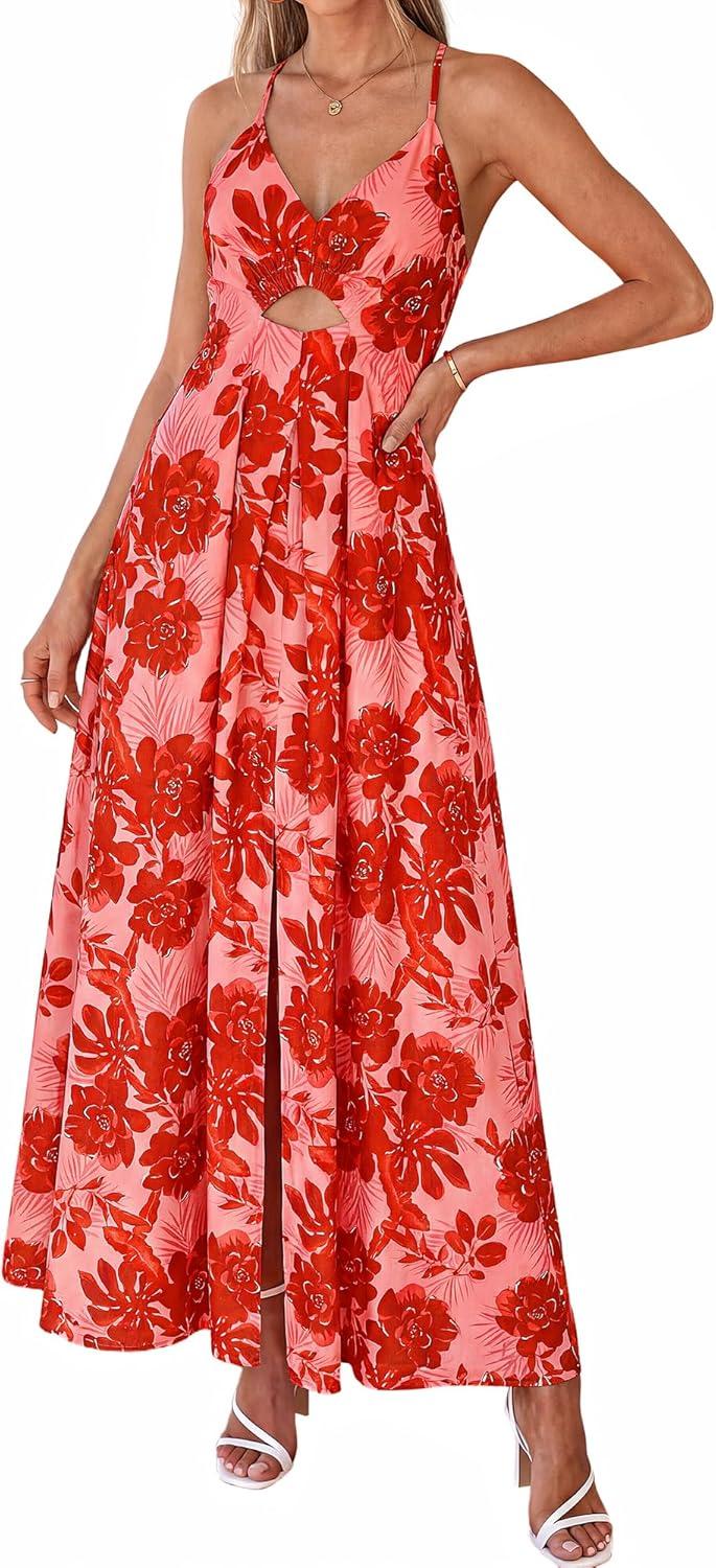 imageBTFBM Summer Dresses for Women 2026 Spring Floral Spaghetti Strap Smocked Cutout Maxi Dress Resort Beach Vacation OutfitFloral Watermelon Red