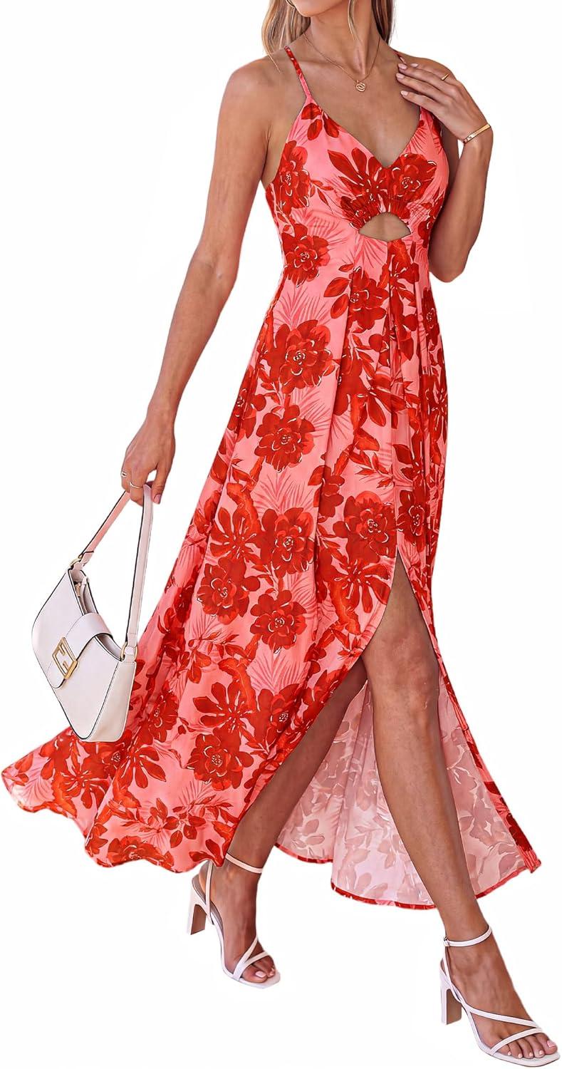 imageBTFBM Summer Dresses for Women 2026 Spring Floral Spaghetti Strap Smocked Cutout Maxi Dress Resort Beach Vacation OutfitFloral Watermelon Red