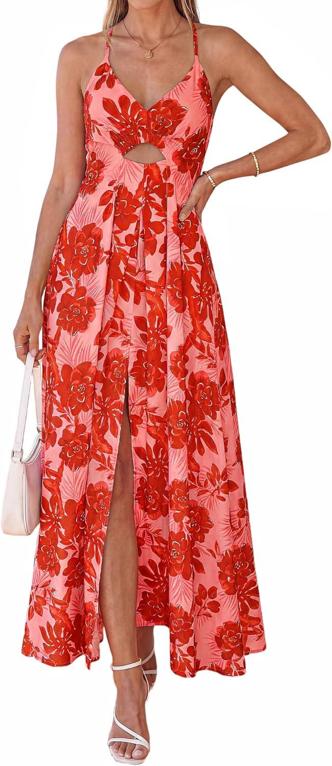 imageBTFBM Summer Dresses for Women 2026 Spring Floral Spaghetti Strap Smocked Cutout Maxi Dress Resort Beach Vacation OutfitFloral Watermelon Red