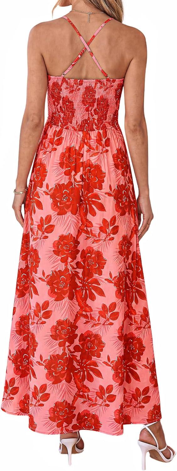 imageBTFBM Summer Dresses for Women 2026 Spring Floral Spaghetti Strap Smocked Cutout Maxi Dress Resort Beach Vacation OutfitFloral Watermelon Red