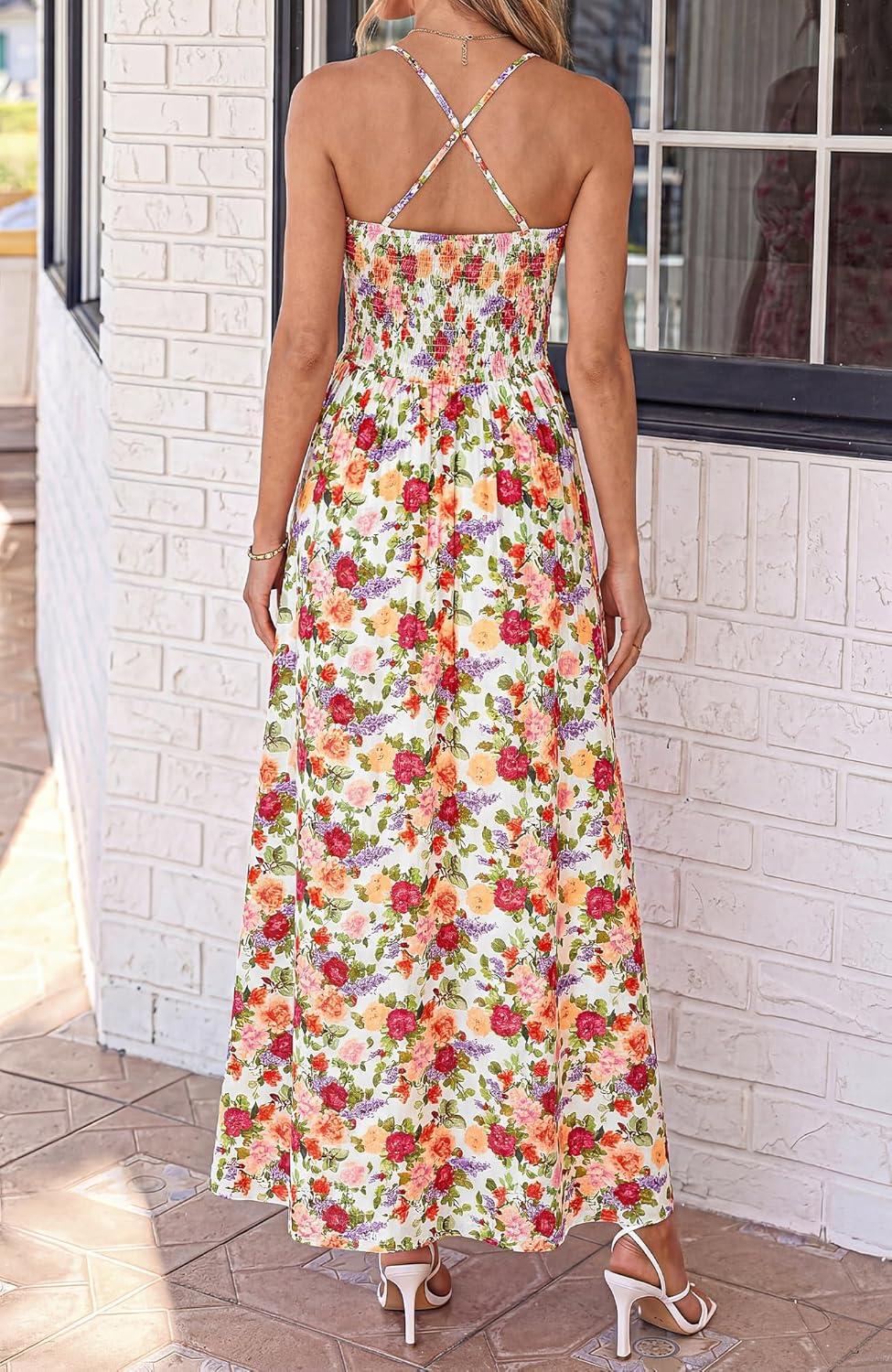 imageBTFBM Summer Dresses for Women 2026 Spring Floral Spaghetti Strap Smocked Cutout Maxi Dress Resort Beach Vacation OutfitFloral White Multi