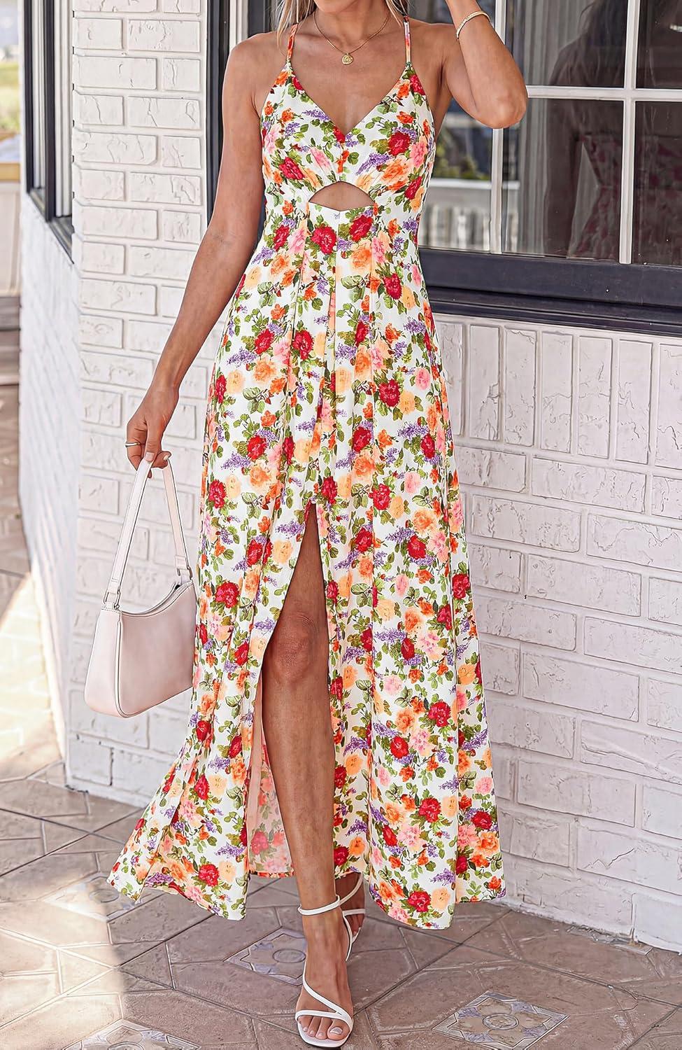 imageBTFBM Summer Dresses for Women 2026 Spring Floral Spaghetti Strap Smocked Cutout Maxi Dress Resort Beach Vacation OutfitFloral White Multi