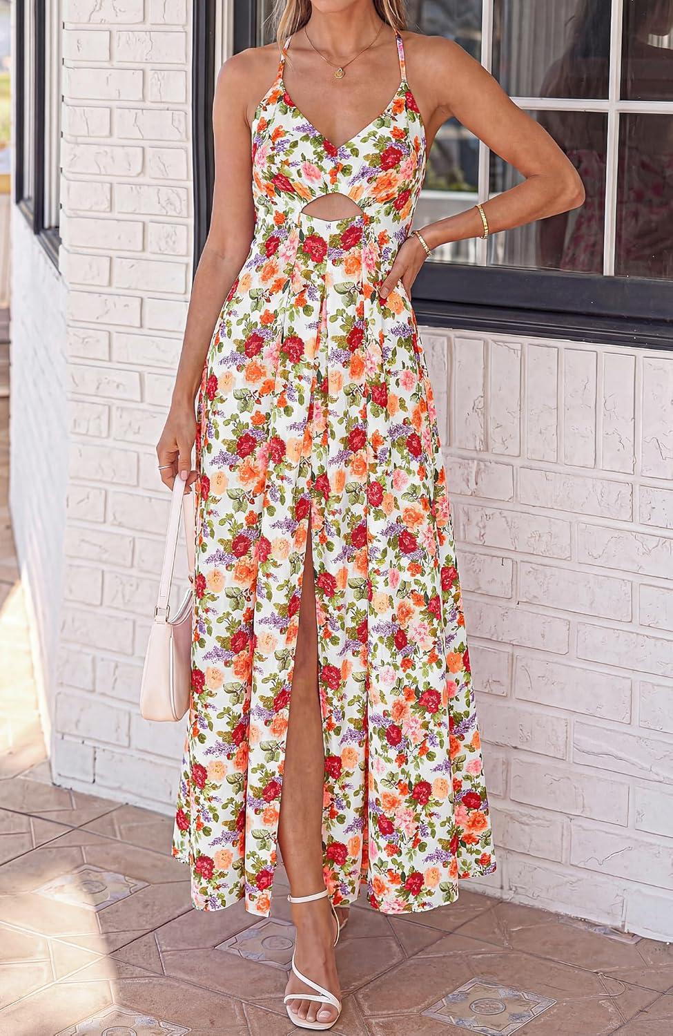 imageBTFBM Summer Dresses for Women 2026 Spring Floral Spaghetti Strap Smocked Cutout Maxi Dress Resort Beach Vacation OutfitFloral White Multi