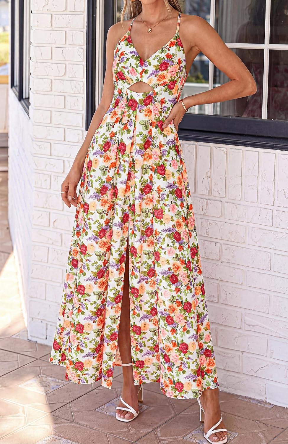 imageBTFBM Summer Dresses for Women 2026 Spring Floral Spaghetti Strap Smocked Cutout Maxi Dress Resort Beach Vacation OutfitFloral White Multi