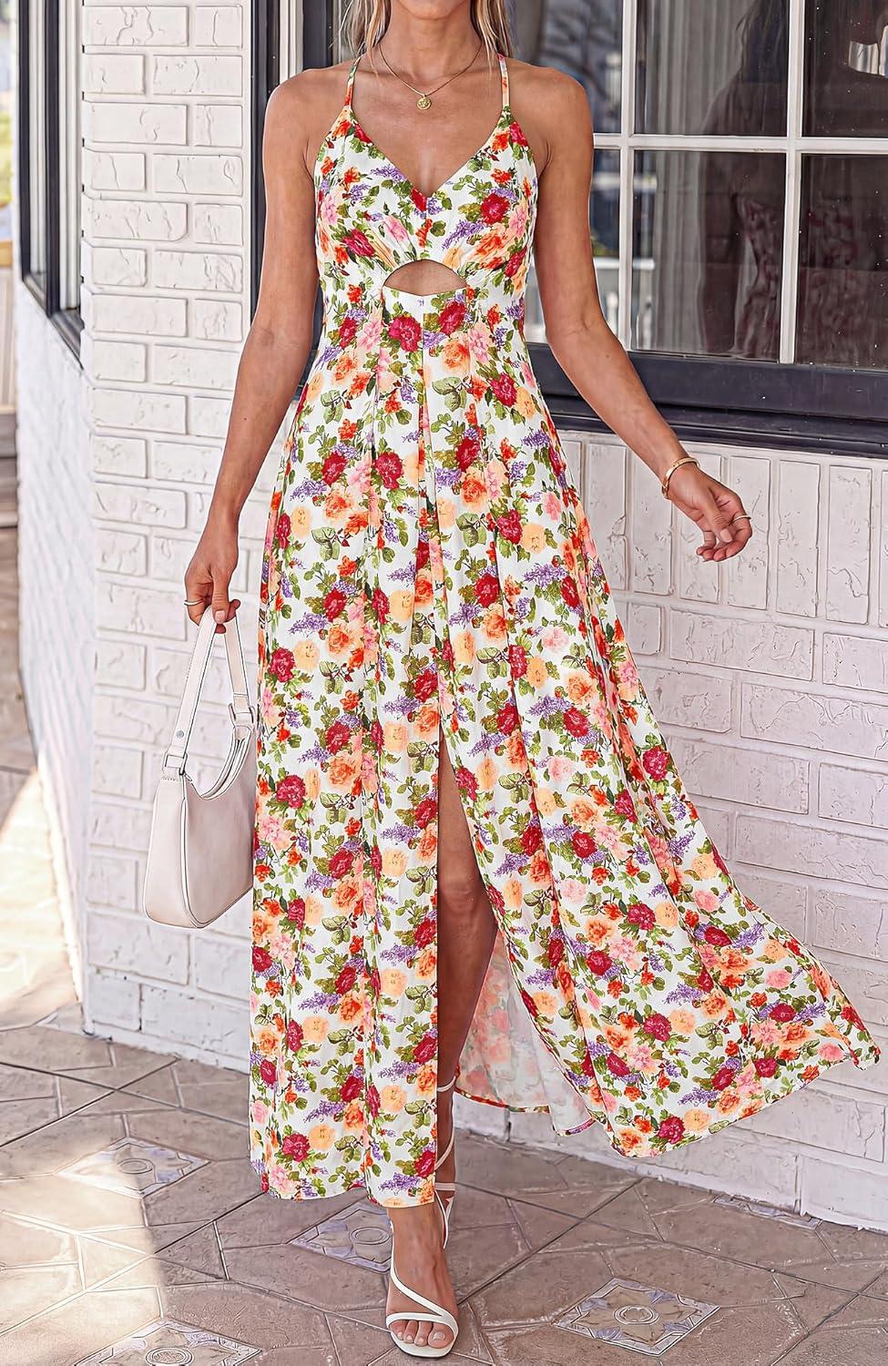 imageBTFBM Summer Dresses for Women 2026 Spring Floral Spaghetti Strap Smocked Cutout Maxi Dress Resort Beach Vacation OutfitFloral White Multi