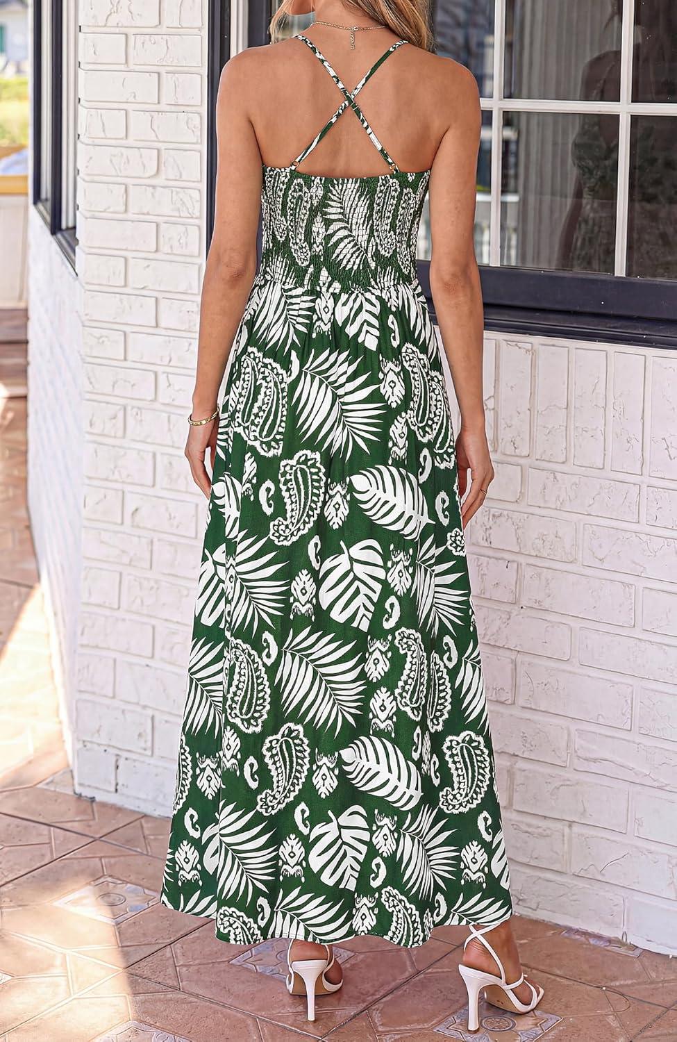 imageBTFBM Summer Dresses for Women 2026 Spring Floral Spaghetti Strap Smocked Cutout Maxi Dress Resort Beach Vacation OutfitLeaves Green