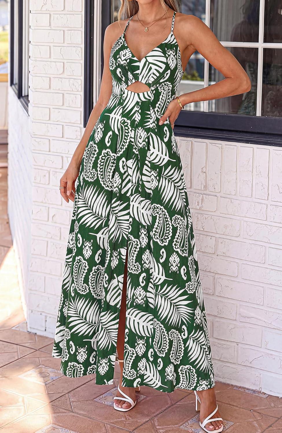 imageBTFBM Summer Dresses for Women 2026 Spring Floral Spaghetti Strap Smocked Cutout Maxi Dress Resort Beach Vacation OutfitLeaves Green