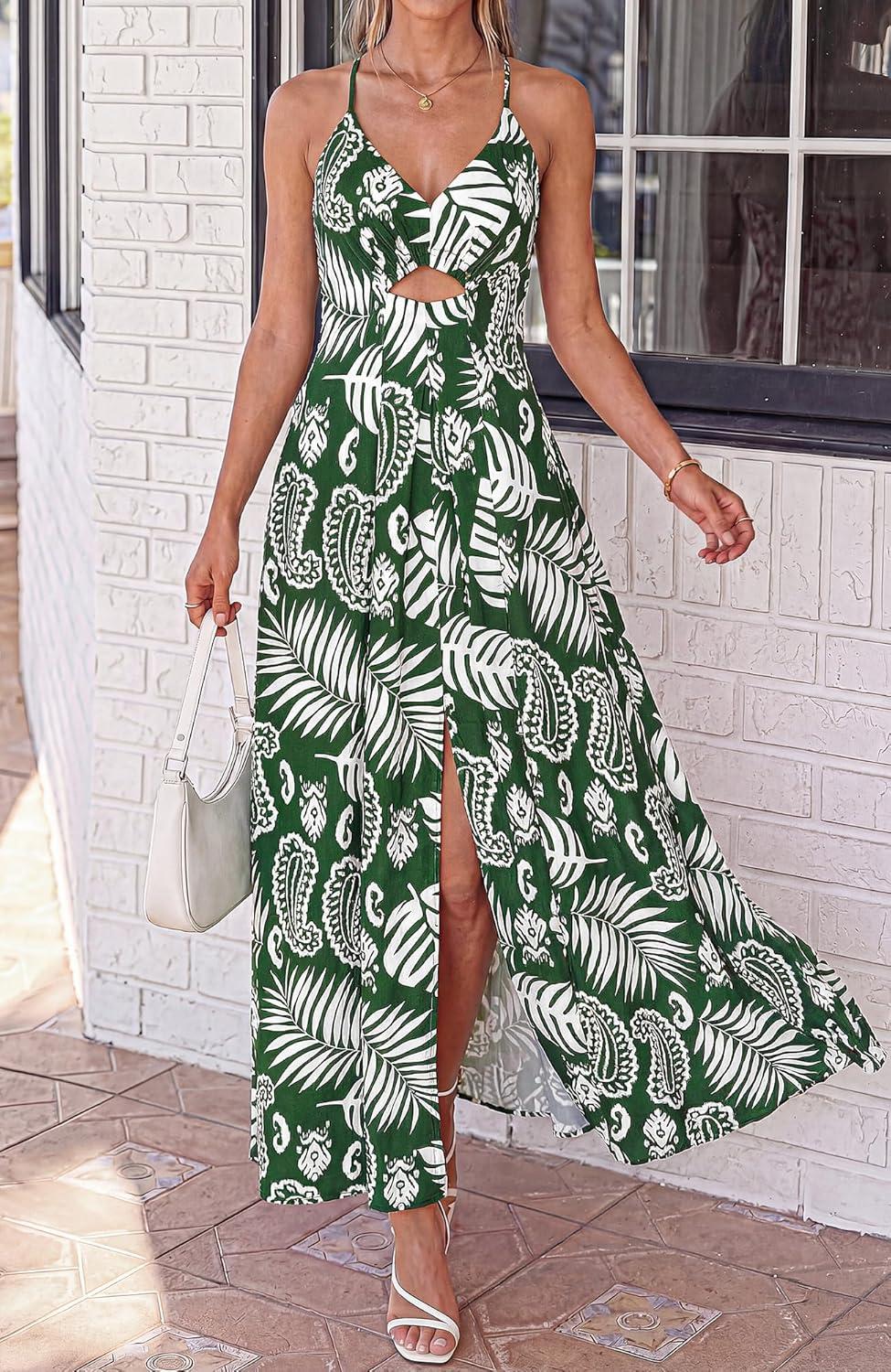 imageBTFBM Summer Dresses for Women 2026 Spring Floral Spaghetti Strap Smocked Cutout Maxi Dress Resort Beach Vacation OutfitLeaves Green