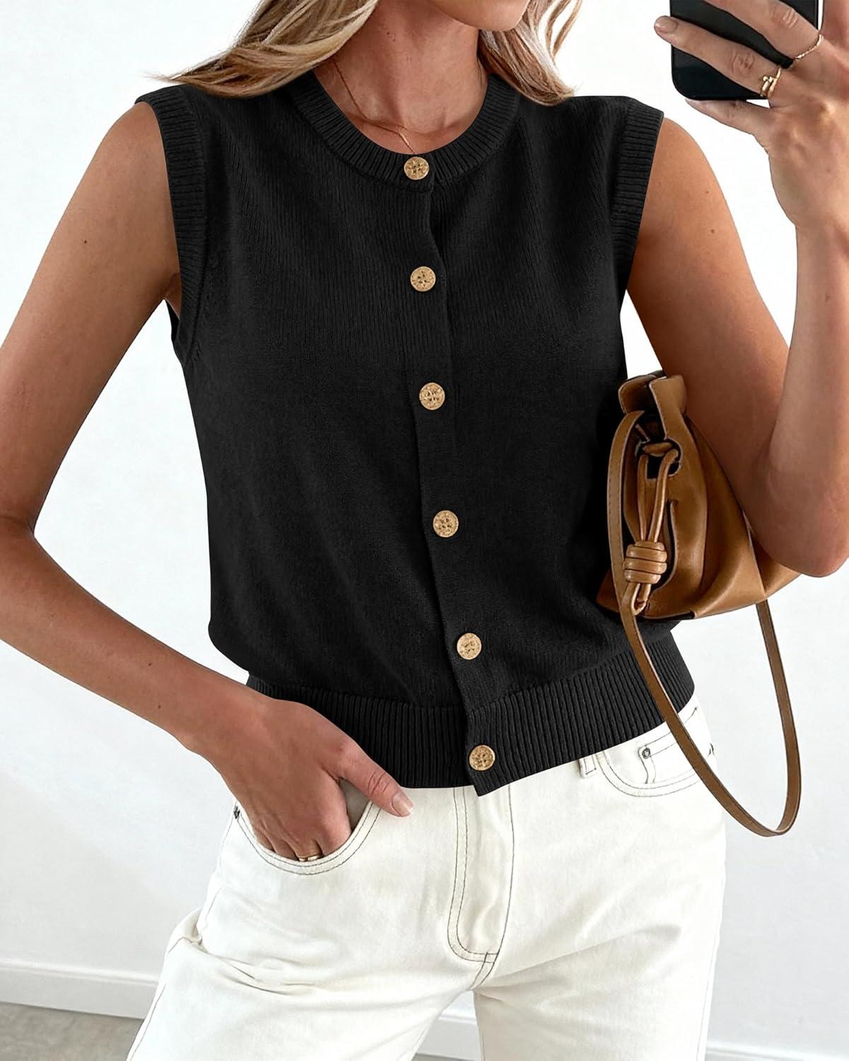 imageBTFBM Sweater Vest Women Casual Crewneck Button Down Knit Sleeveless Cardigan 2026 Spring Clothes Summer Vests TopsBlack