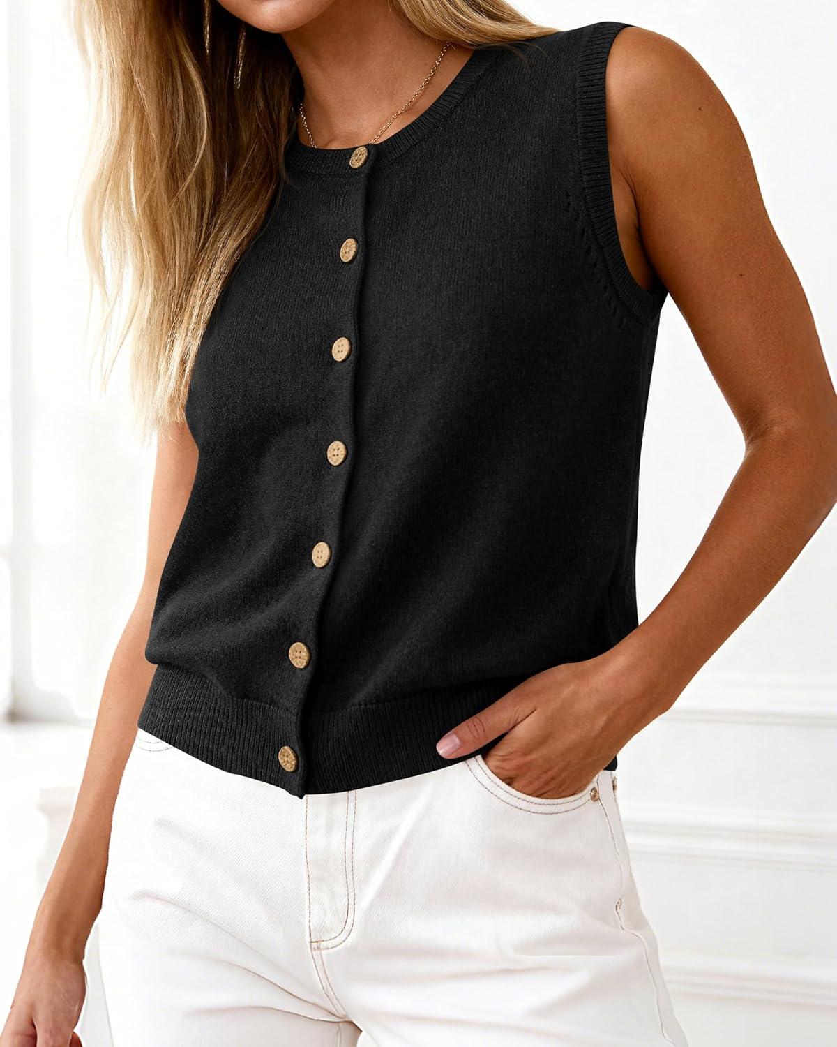 imageBTFBM Sweater Vest Women Casual Crewneck Button Down Knit Sleeveless Cardigan 2026 Spring Clothes Summer Vests TopsBlack