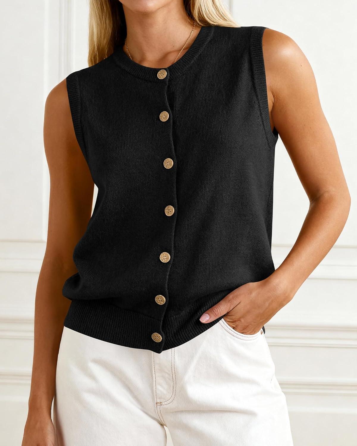 imageBTFBM Sweater Vest Women Casual Crewneck Button Down Knit Sleeveless Cardigan 2026 Spring Clothes Summer Vests TopsBlack