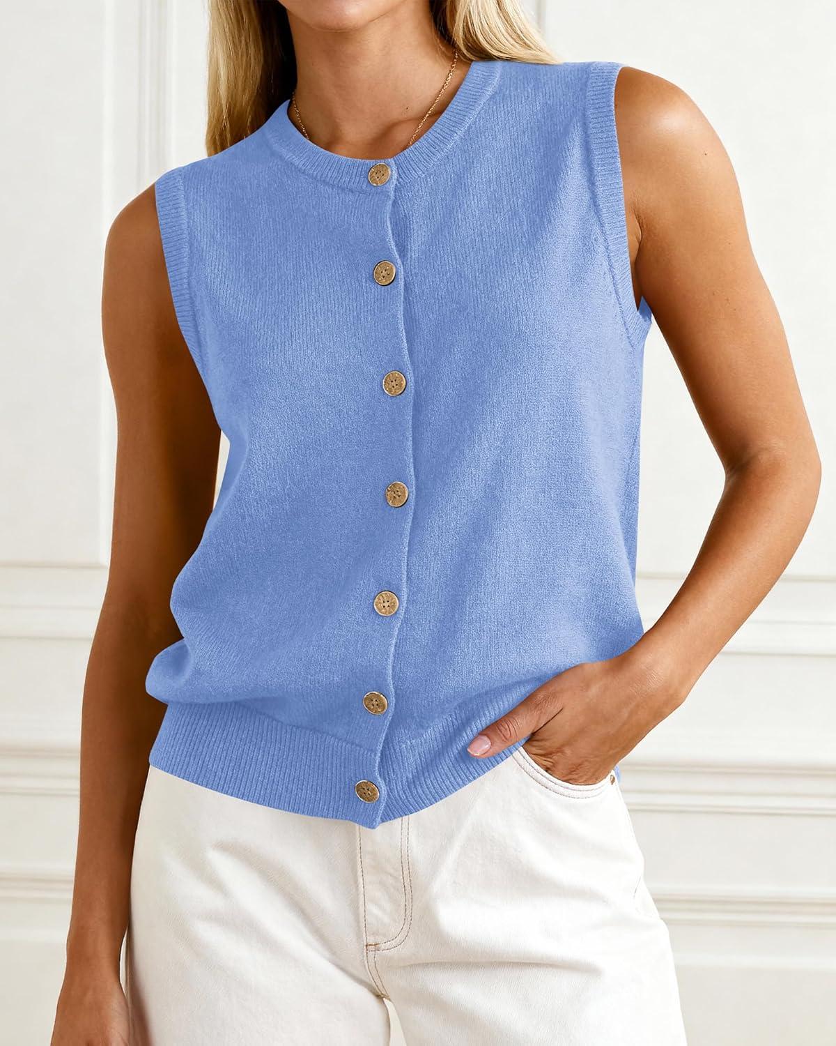 imageBTFBM Sweater Vest Women Casual Crewneck Button Down Knit Sleeveless Cardigan 2026 Spring Clothes Summer Vests TopsLight Blue