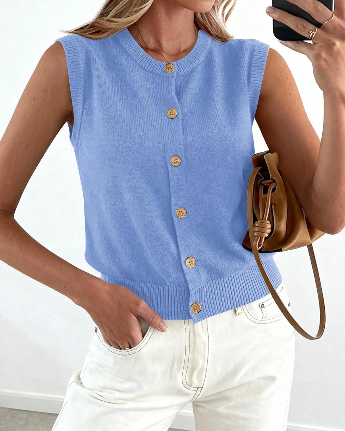 imageBTFBM Sweater Vest Women Casual Crewneck Button Down Knit Sleeveless Cardigan 2026 Spring Clothes Summer Vests TopsLight Blue