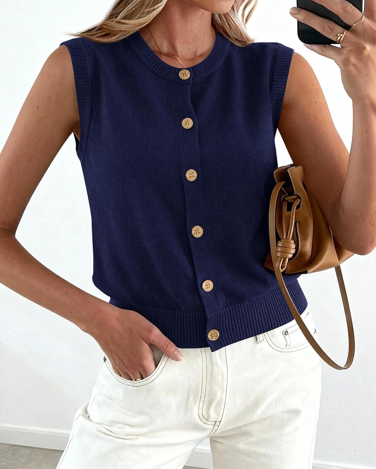 imageBTFBM Sweater Vest Women Casual Crewneck Button Down Knit Sleeveless Cardigan 2026 Spring Clothes Summer Vests TopsNavy Blue