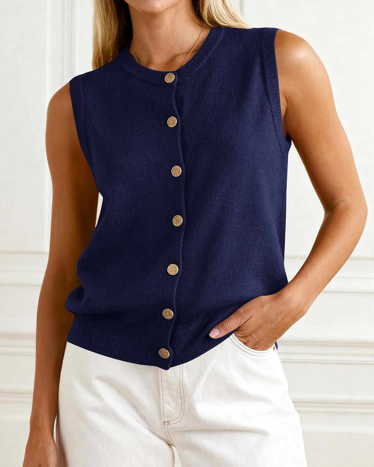 imageBTFBM Sweater Vest Women Casual Crewneck Button Down Knit Sleeveless Cardigan 2026 Spring Clothes Summer Vests TopsNavy Blue