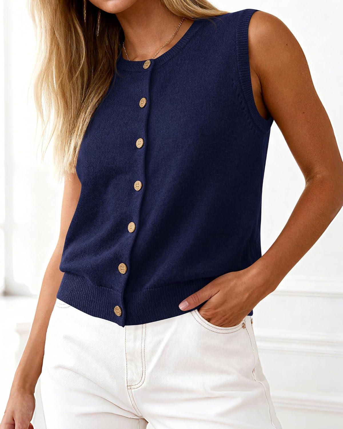 imageBTFBM Sweater Vest Women Casual Crewneck Button Down Knit Sleeveless Cardigan 2026 Spring Clothes Summer Vests TopsNavy Blue