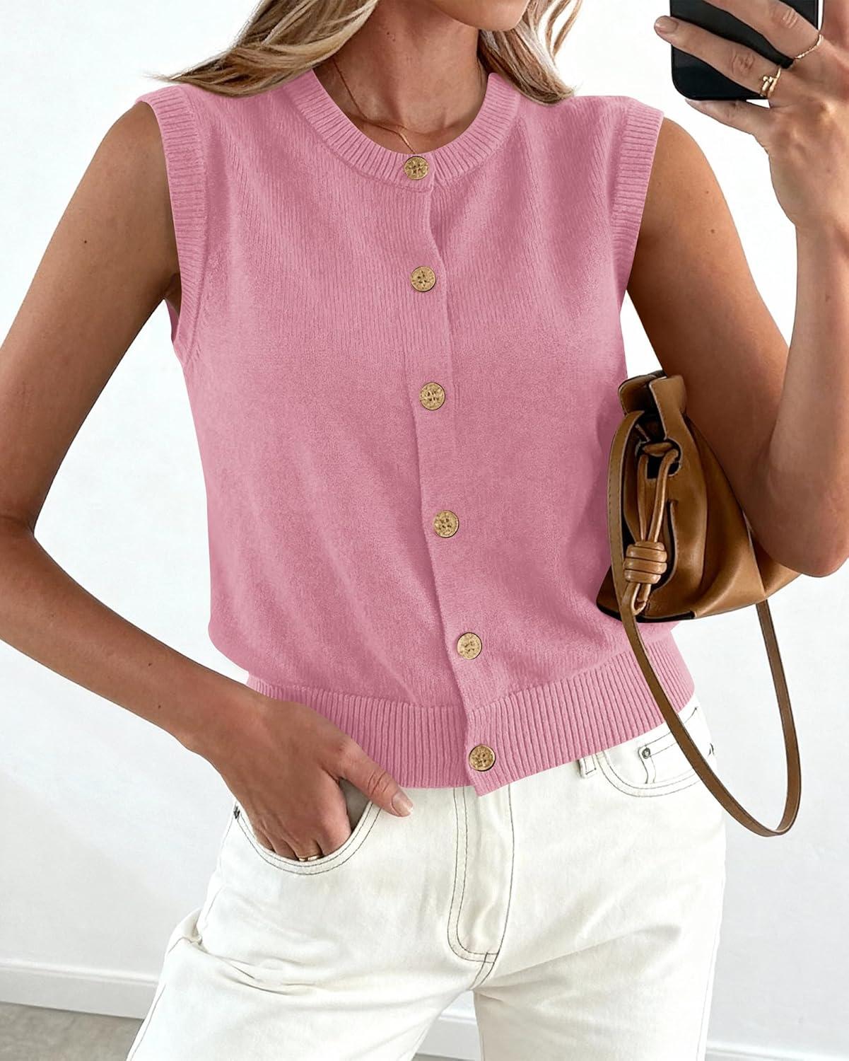 imageBTFBM Sweater Vest Women Casual Crewneck Button Down Knit Sleeveless Cardigan 2026 Spring Clothes Summer Vests TopsPink