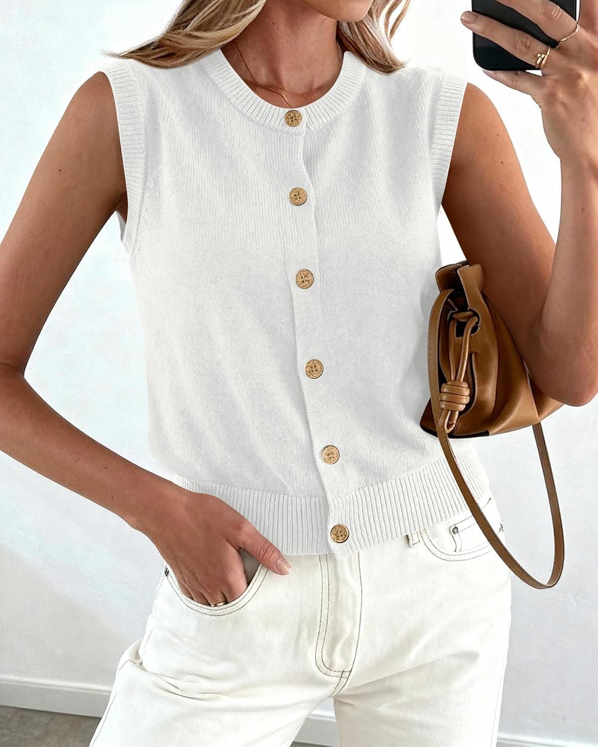 imageBTFBM Sweater Vest Women Casual Crewneck Button Down Knit Sleeveless Cardigan 2026 Spring Clothes Summer Vests TopsWhite