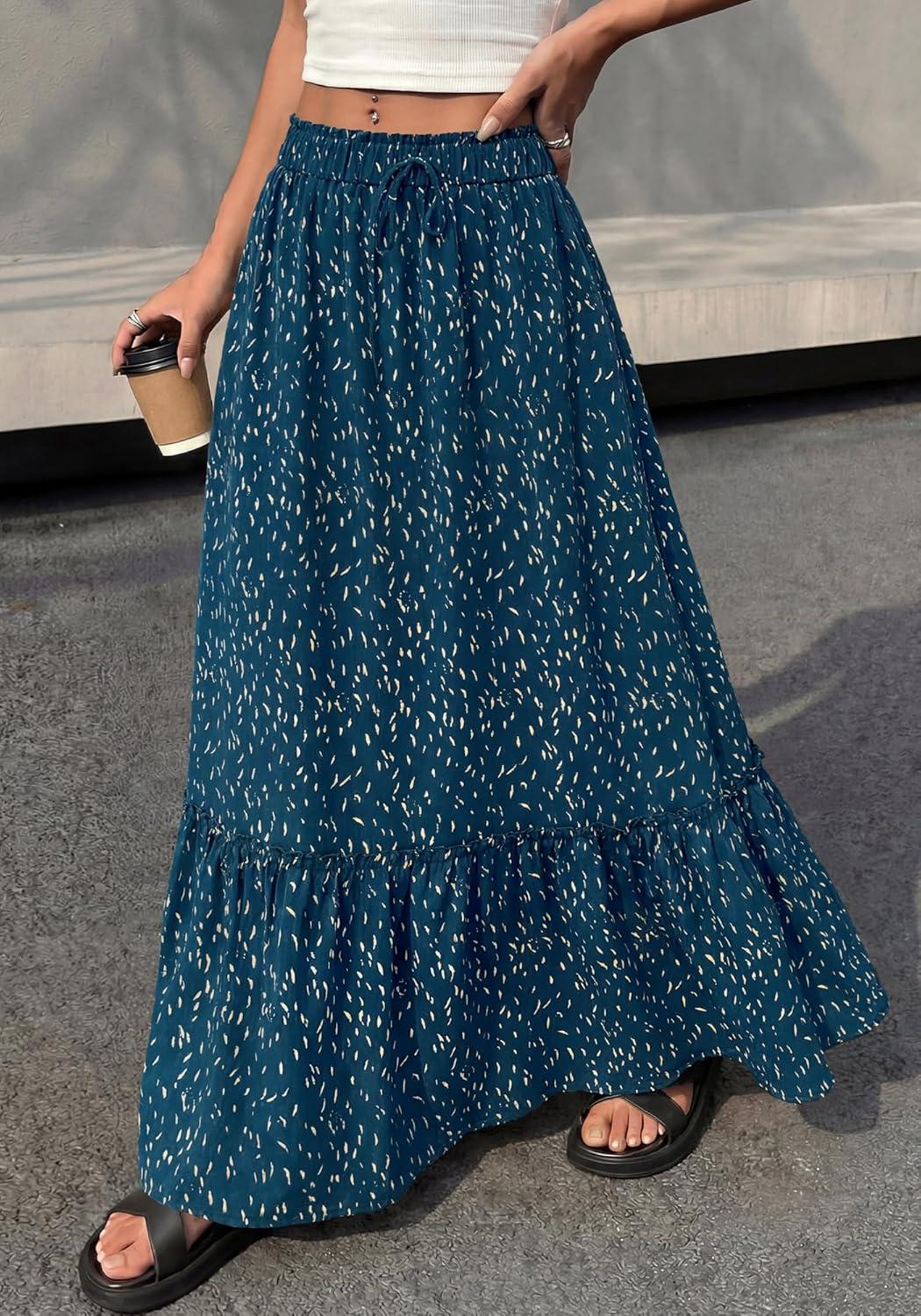 imageBTFBM Womens Boho Maxi Skirt 2026 Summer Floral High Waisted Flowy Tiered Long Spring Beach Vacation Skirts PocketsBlue