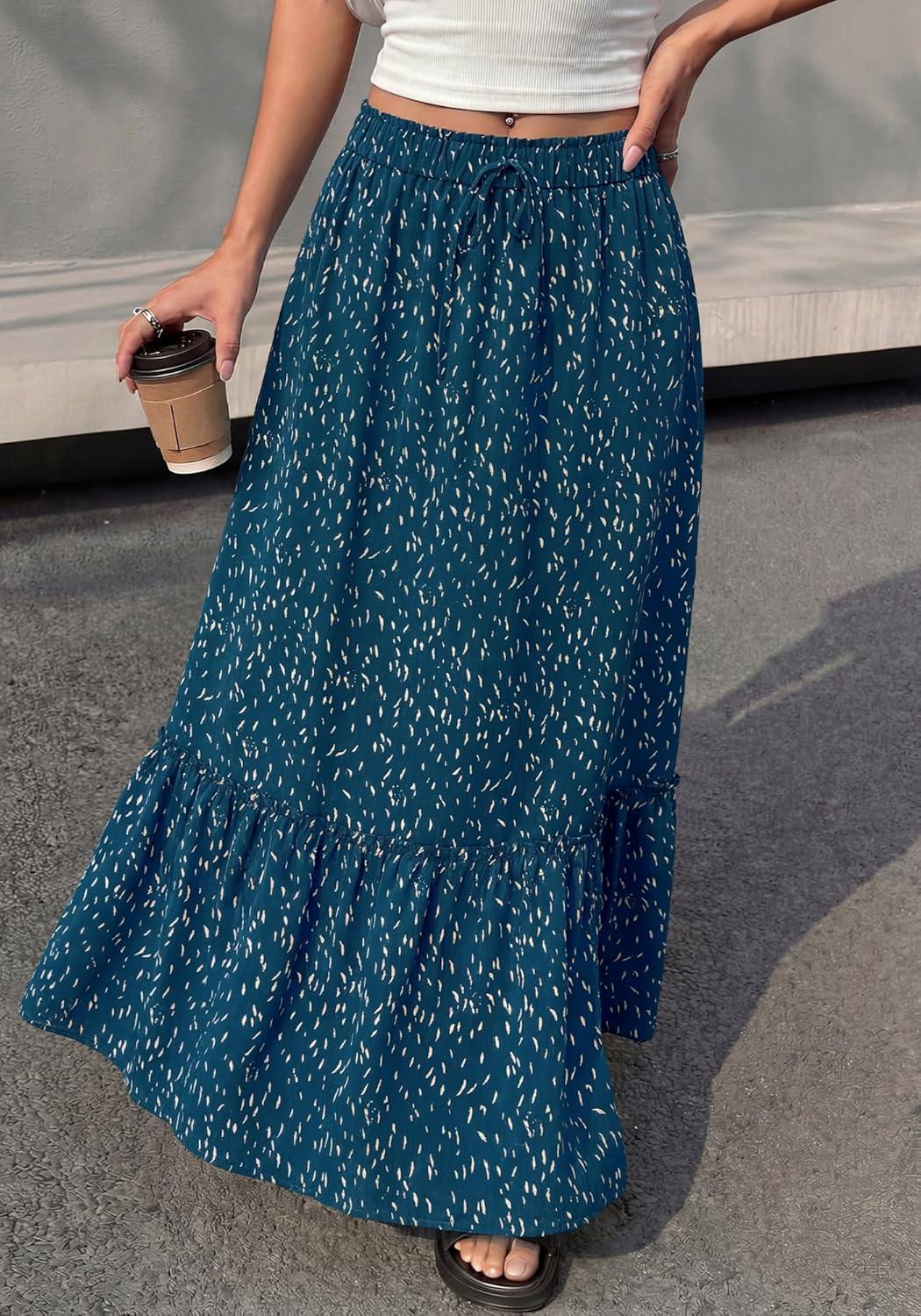 imageBTFBM Womens Boho Maxi Skirt 2026 Summer Floral High Waisted Flowy Tiered Long Spring Beach Vacation Skirts PocketsBlue