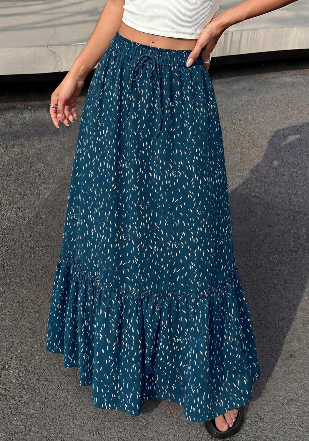 imageBTFBM Womens Boho Maxi Skirt 2026 Summer Floral High Waisted Flowy Tiered Long Spring Beach Vacation Skirts PocketsBlue