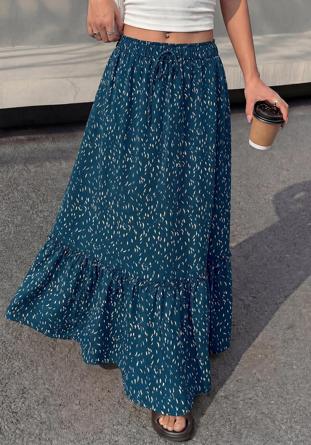 imageBTFBM Womens Boho Maxi Skirt 2026 Summer Floral High Waisted Flowy Tiered Long Spring Beach Vacation Skirts PocketsBlue