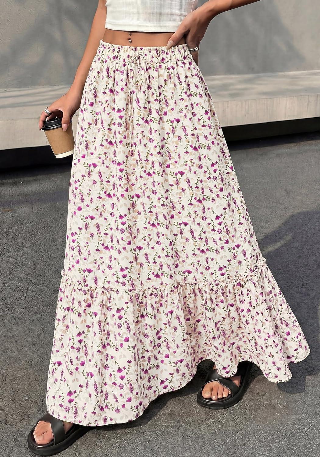 imageBTFBM Womens Boho Maxi Skirt 2026 Summer Floral High Waisted Flowy Tiered Long Spring Beach Vacation Skirts PocketsFloral White Purple