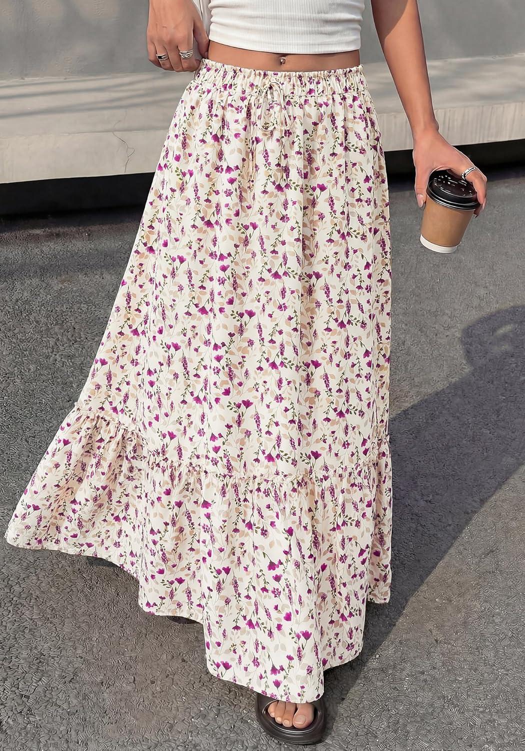 imageBTFBM Womens Boho Maxi Skirt 2026 Summer Floral High Waisted Flowy Tiered Long Spring Beach Vacation Skirts PocketsFloral White Purple