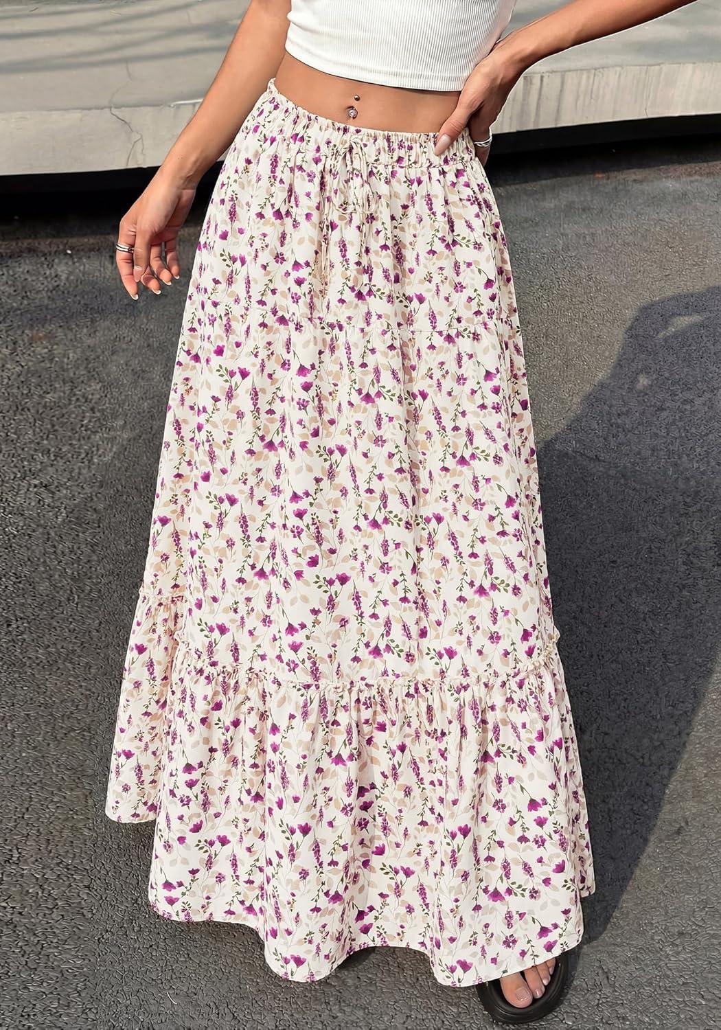 imageBTFBM Womens Boho Maxi Skirt 2026 Summer Floral High Waisted Flowy Tiered Long Spring Beach Vacation Skirts PocketsFloral White Purple