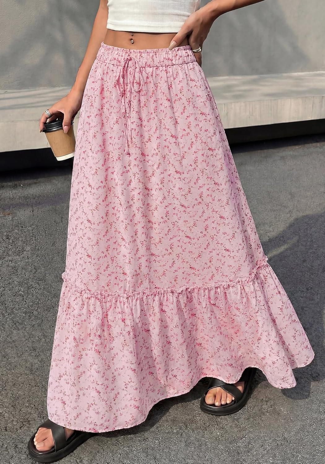 imageBTFBM Womens Boho Maxi Skirt 2026 Summer Floral High Waisted Flowy Tiered Long Spring Beach Vacation Skirts PocketsPink