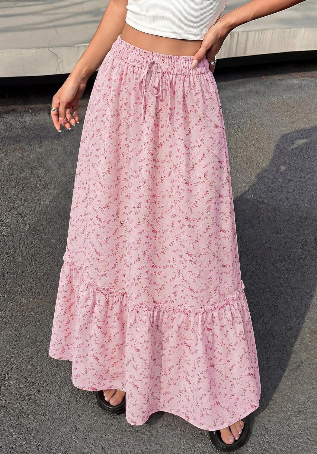 imageBTFBM Womens Boho Maxi Skirt 2026 Summer Floral High Waisted Flowy Tiered Long Spring Beach Vacation Skirts PocketsPink