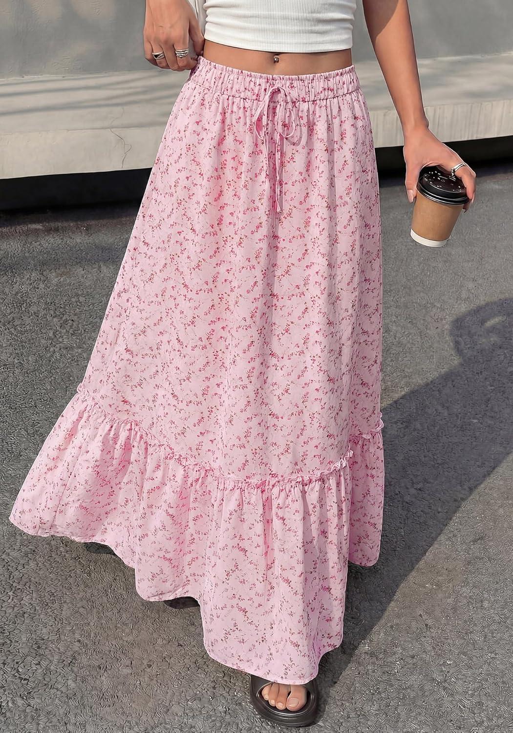 imageBTFBM Womens Boho Maxi Skirt 2026 Summer Floral High Waisted Flowy Tiered Long Spring Beach Vacation Skirts PocketsPink