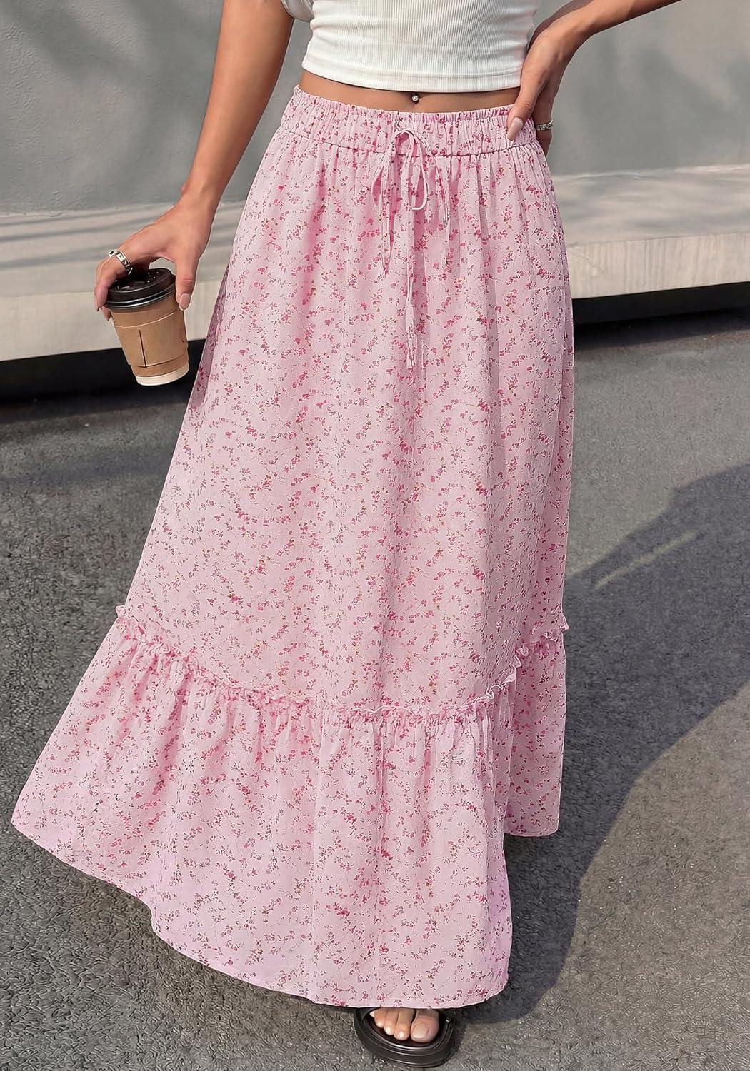 imageBTFBM Womens Boho Maxi Skirt 2026 Summer Floral High Waisted Flowy Tiered Long Spring Beach Vacation Skirts PocketsPink