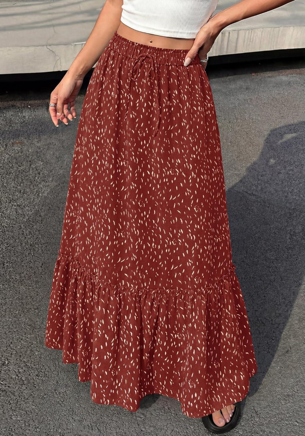 imageBTFBM Womens Boho Maxi Skirt 2026 Summer Floral High Waisted Flowy Tiered Long Spring Beach Vacation Skirts PocketsRed
