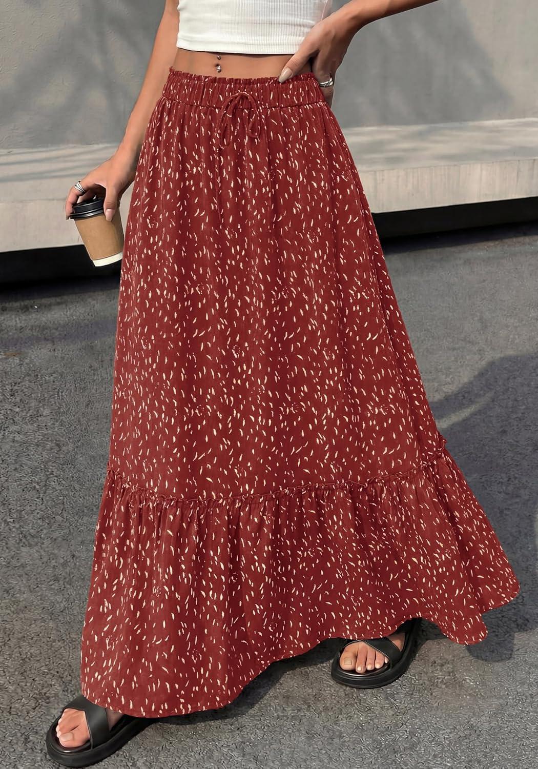 imageBTFBM Womens Boho Maxi Skirt 2026 Summer Floral High Waisted Flowy Tiered Long Spring Beach Vacation Skirts PocketsRed