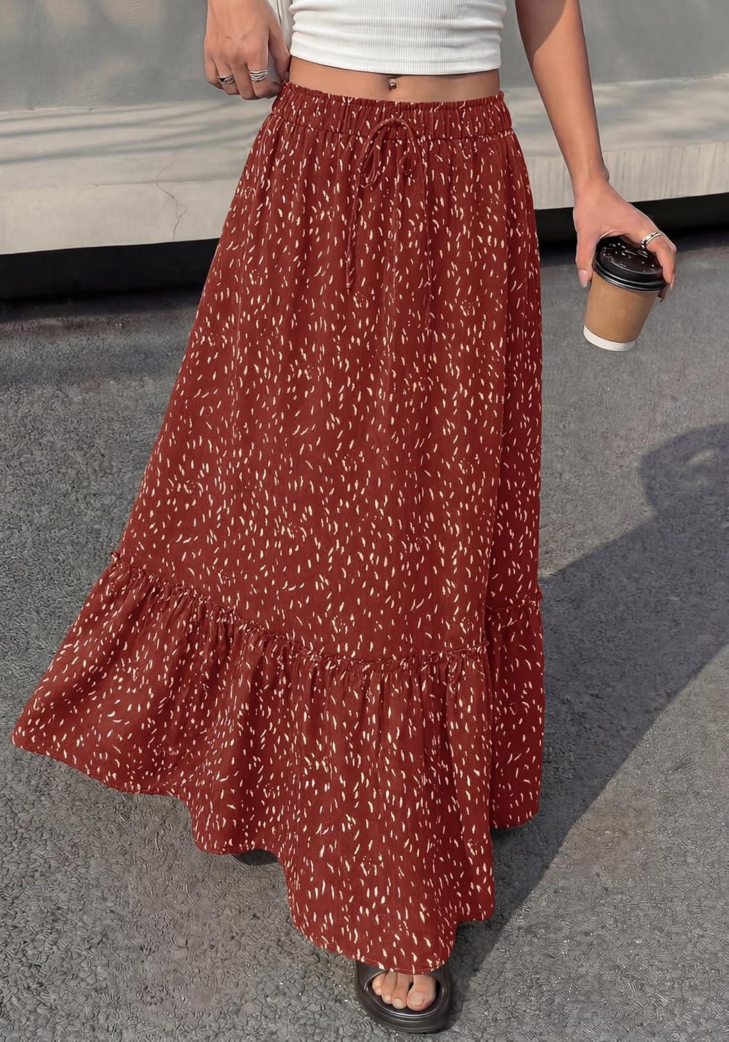 imageBTFBM Womens Boho Maxi Skirt 2026 Summer Floral High Waisted Flowy Tiered Long Spring Beach Vacation Skirts PocketsRed