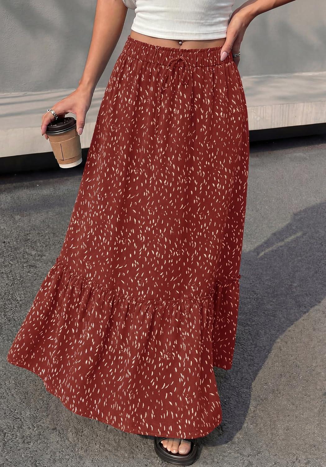 imageBTFBM Womens Boho Maxi Skirt 2026 Summer Floral High Waisted Flowy Tiered Long Spring Beach Vacation Skirts PocketsRed