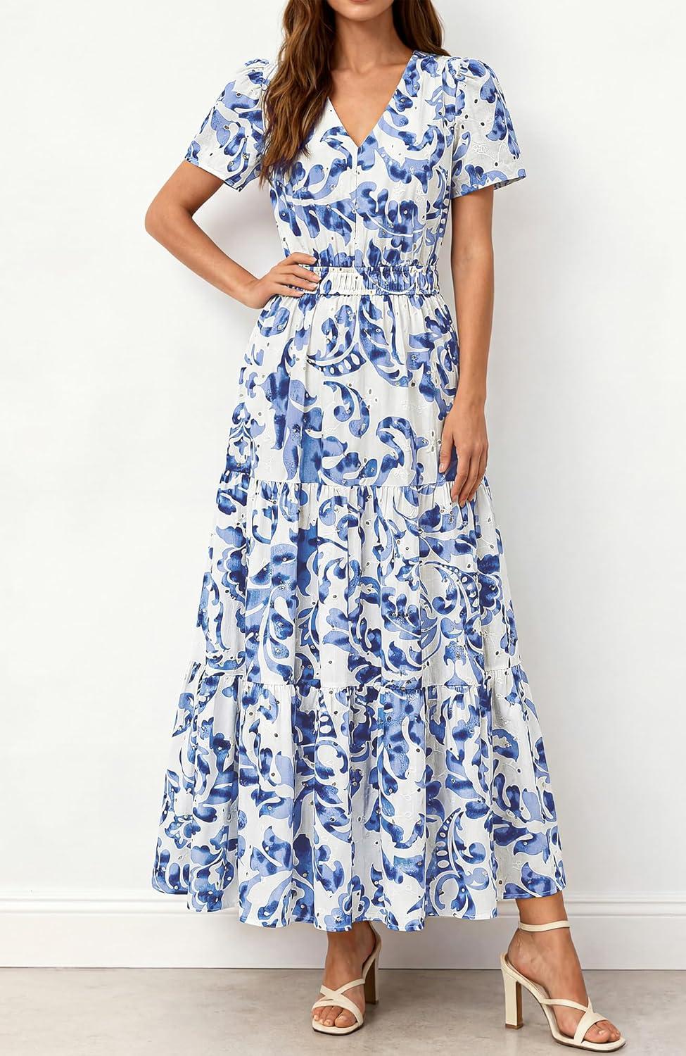imageBTFBM Womens Summer Dresses 2026 V Neck Hollow Out Eyelet A Line Flowy Boho Beach Vacation Wedding Guest Maxi DressFloral White Blue