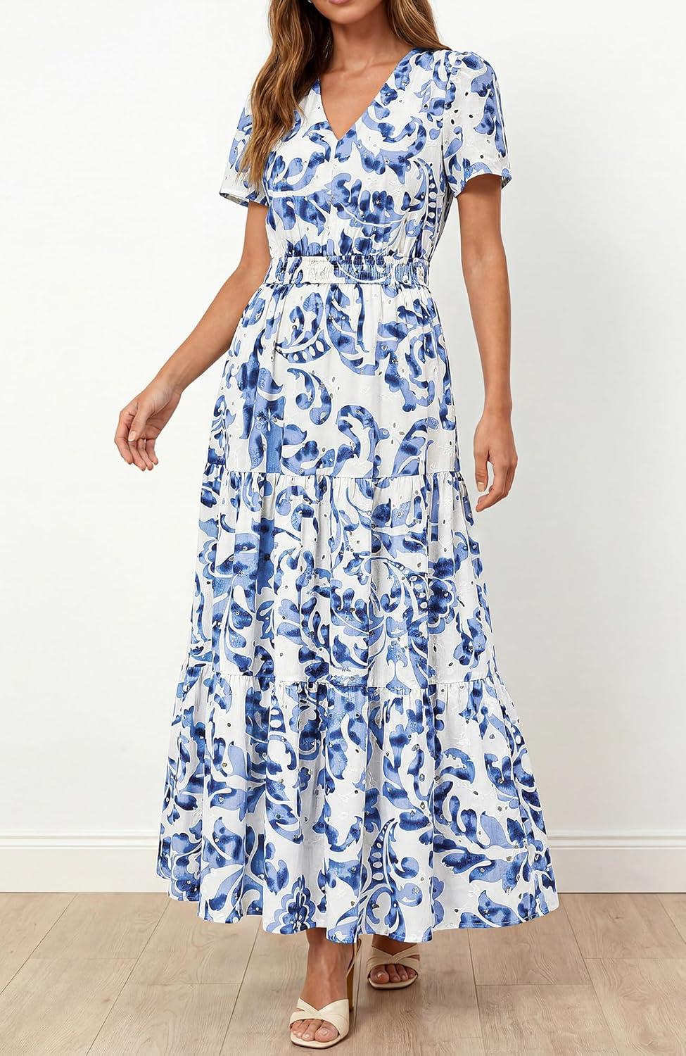 imageBTFBM Womens Summer Dresses 2026 V Neck Hollow Out Eyelet A Line Flowy Boho Beach Vacation Wedding Guest Maxi DressFloral White Blue