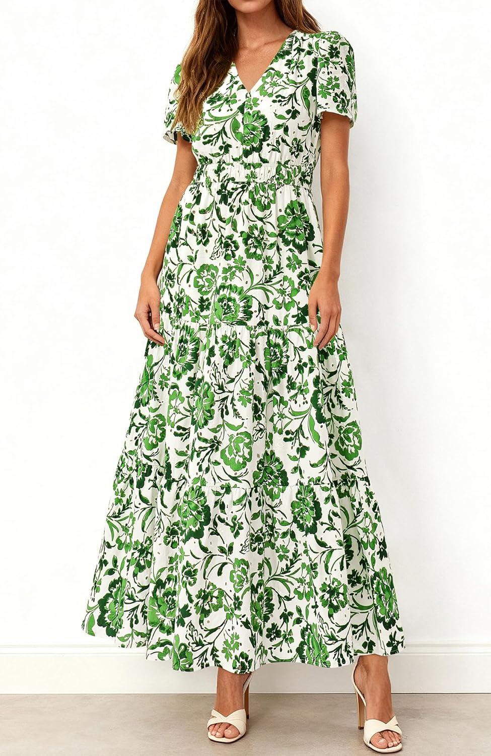 imageBTFBM Womens Summer Dresses 2026 V Neck Hollow Out Eyelet A Line Flowy Boho Beach Vacation Wedding Guest Maxi DressFloral White Green