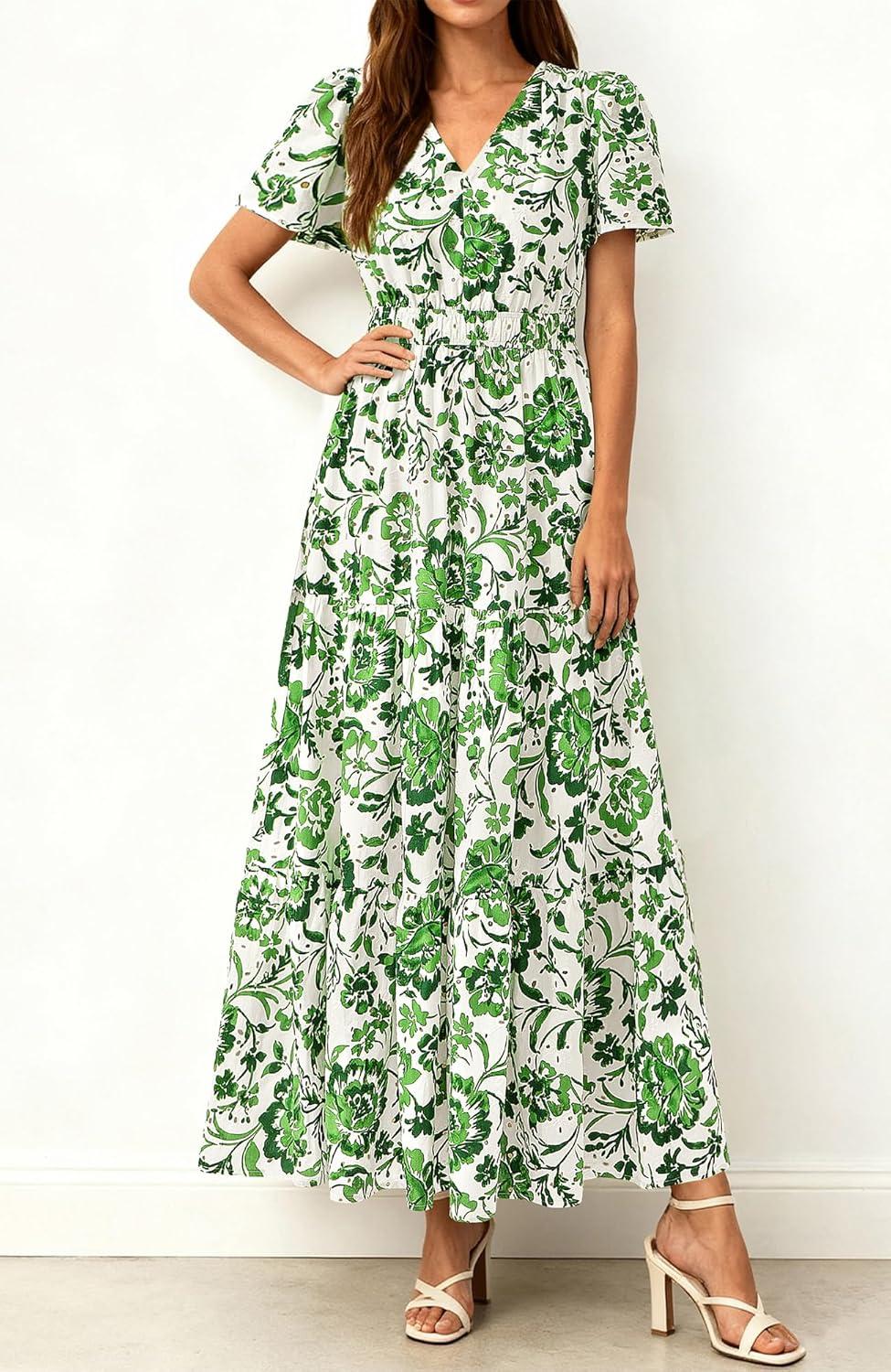 imageBTFBM Womens Summer Dresses 2026 V Neck Hollow Out Eyelet A Line Flowy Boho Beach Vacation Wedding Guest Maxi DressFloral White Green