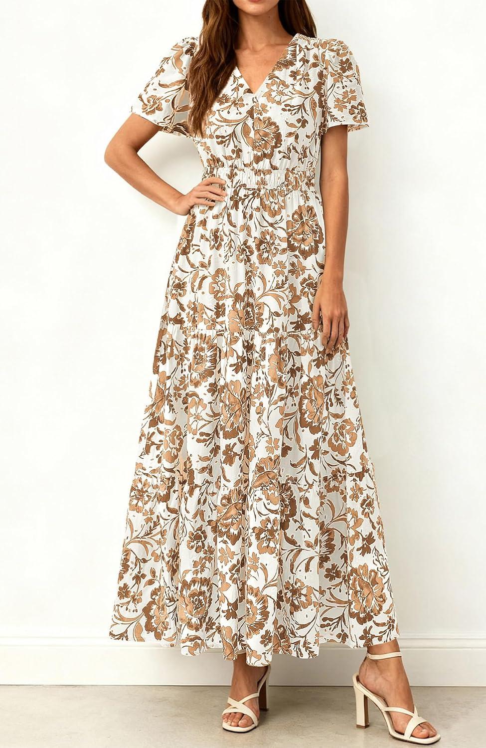 imageBTFBM Womens Summer Dresses 2026 V Neck Hollow Out Eyelet A Line Flowy Boho Beach Vacation Wedding Guest Maxi DressFloral White Khaki