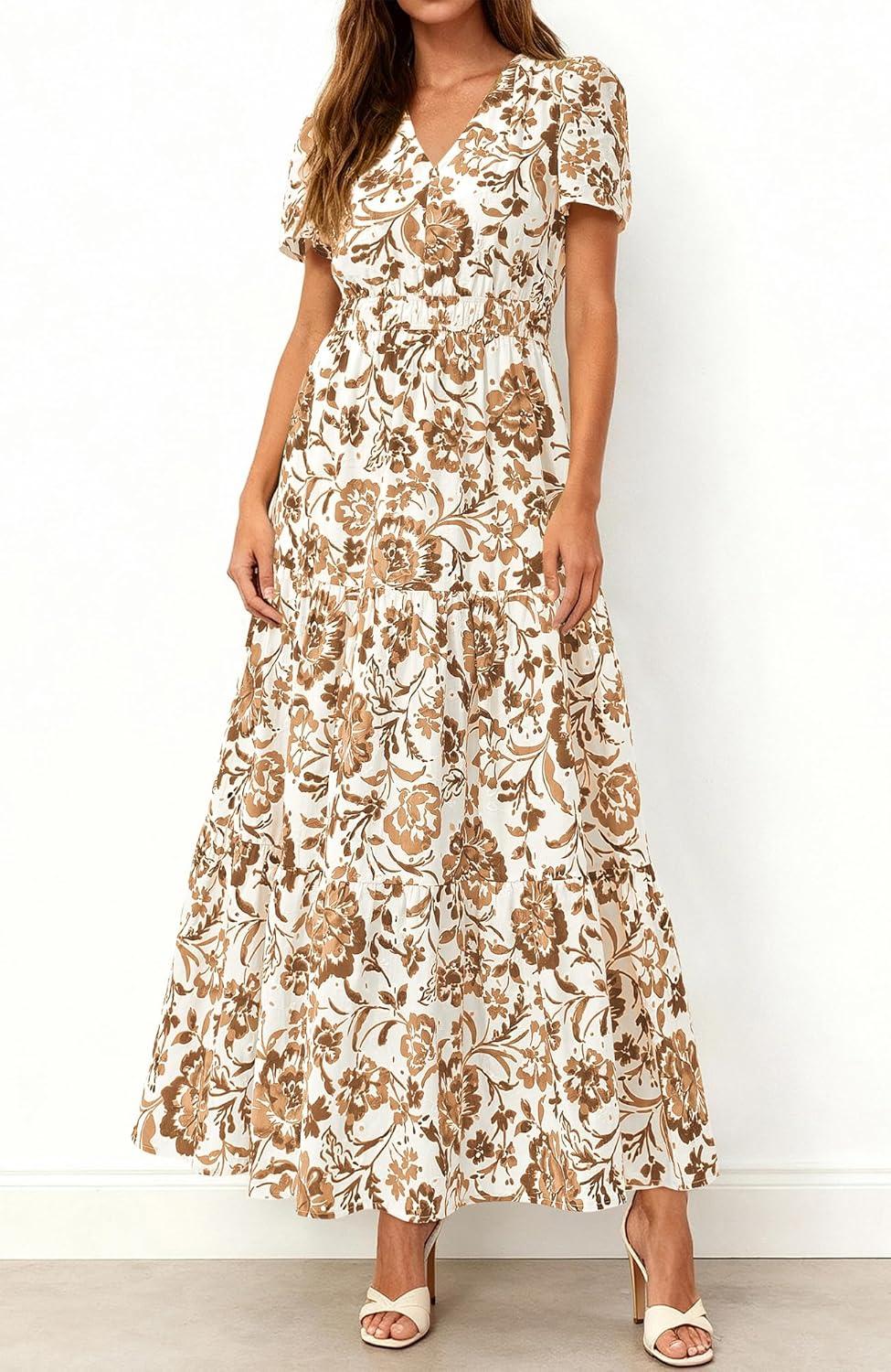 imageBTFBM Womens Summer Dresses 2026 V Neck Hollow Out Eyelet A Line Flowy Boho Beach Vacation Wedding Guest Maxi DressFloral White Khaki