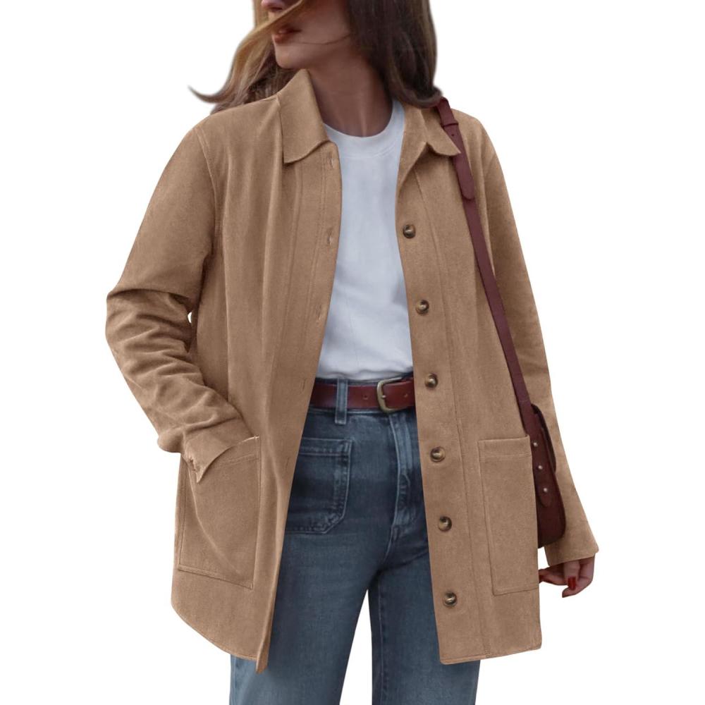 imageBTFBM Faux Suede Jacket Women Fall Fashion 2026 Leather Jackets Long Sleeve Button Down Winter Coats Shackets OuterwearLight Khaki
