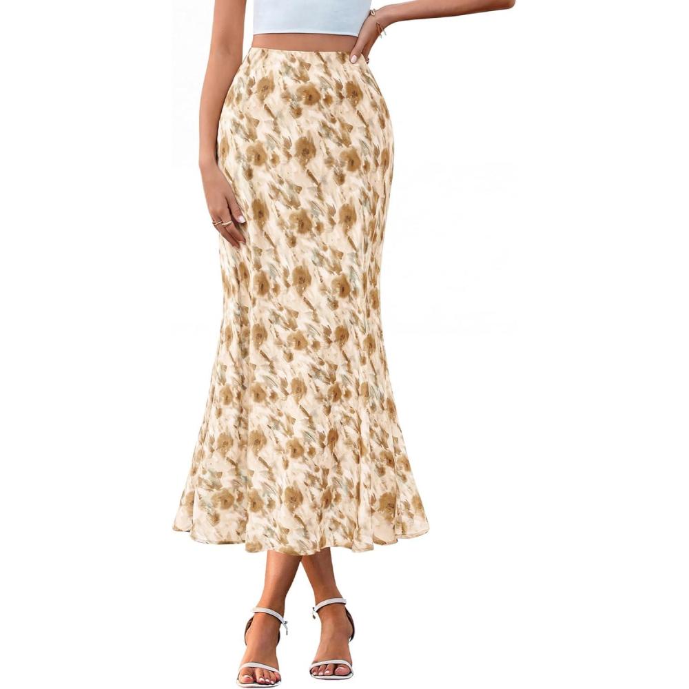 imageBTFBM Satin Skirts for Women Trendy Spring Summer 2026 High Waisted Leopard Print Cocktail Wedding Long Silk Midi SkirtFloral Apricot Brown
